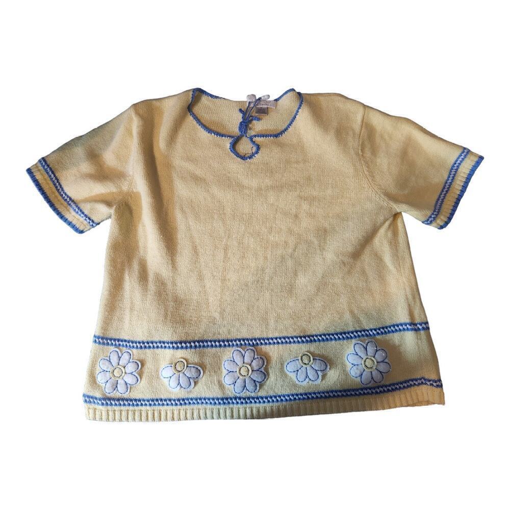 Christopher & Banks Vtg med. yellow blue knitted, looped and applique sweater